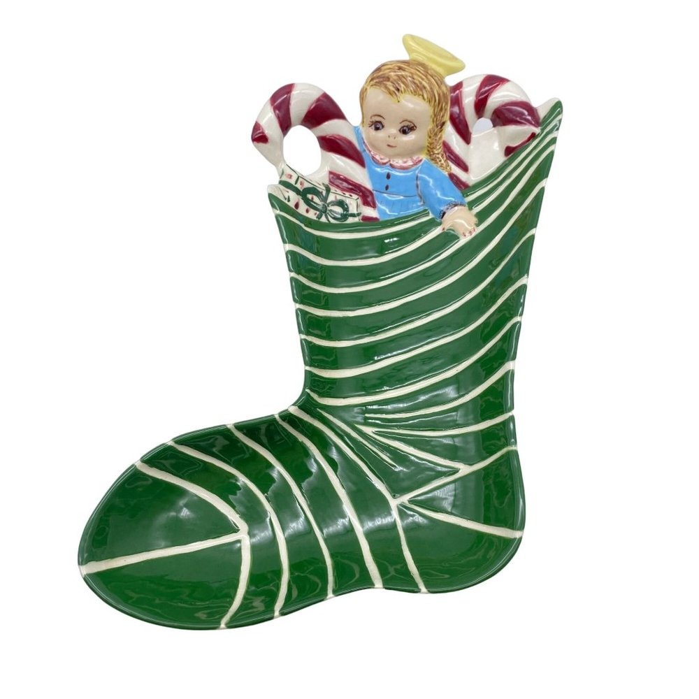 Vintage‎ ceramic Christmas stocking candy dish tidbit tray 50s kitsch